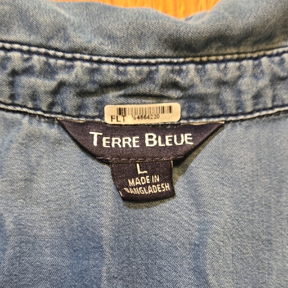 Terre Bleue Women Large Denim Button Down Chambray Long Tap Sleeve Lyocell Shirt - Picture 2 of 9